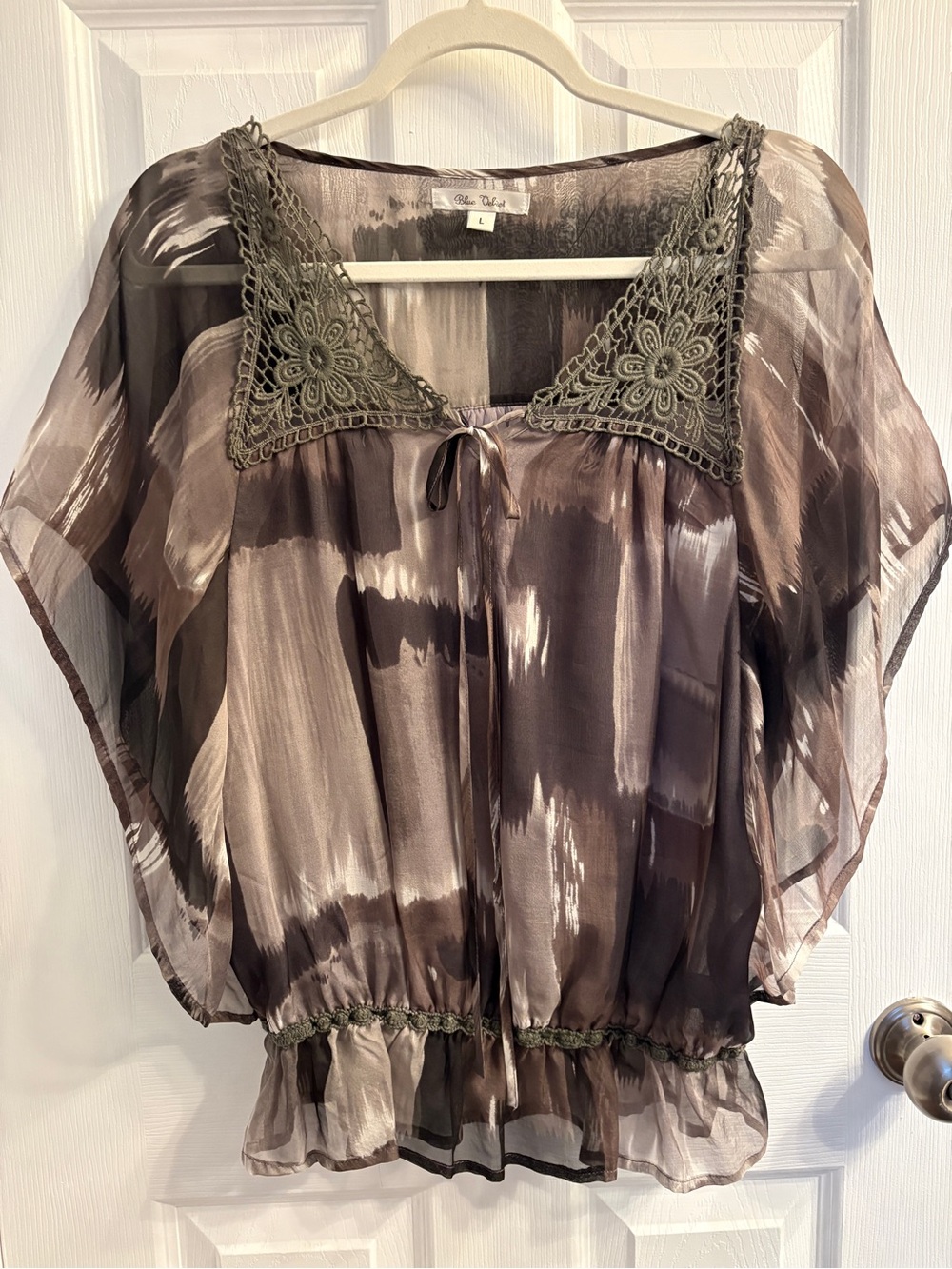 Women's Sheer Brushstroke Tunic Top in Taupe and Olive with Crochet Yoke#0350